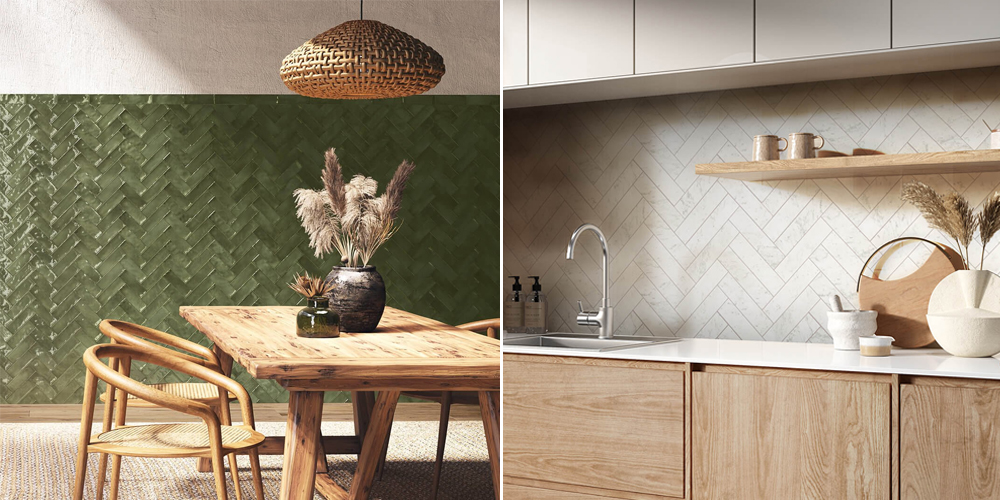 (Left) Herringbone Cavendish moss metro tiles, (Right) Herringbone Firenza Carrara metro tiles